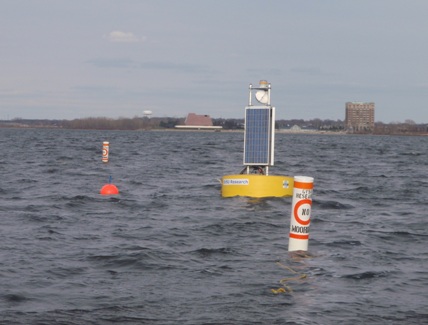 Buoy system showing surface buoy and surface markers for subsurface buoy and anchors